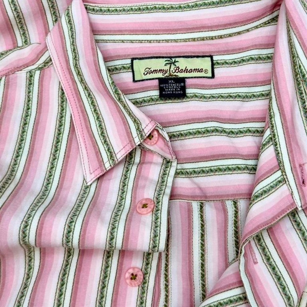90s Tommy Bahama Tencel Lyocell Vertical Stripe Button Up - Picture 8 of 8